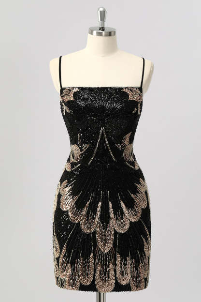 Leely Women Sparkly Black Tight Short Homecoming Dress Beaded Spaghetti Straps Lace Up Back Cocktail Dress with Sequins