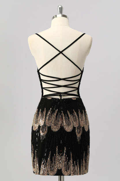 Sparkly Black Beaded Tight Lace up Back Short Homecoming Dress