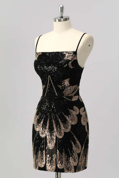 Sparkly Black Beaded Tight Lace up Back Short Homecoming Dress