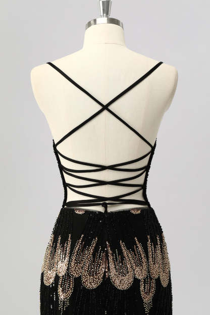 Sparkly Black Beaded Tight Lace up Back Short Homecoming Dress