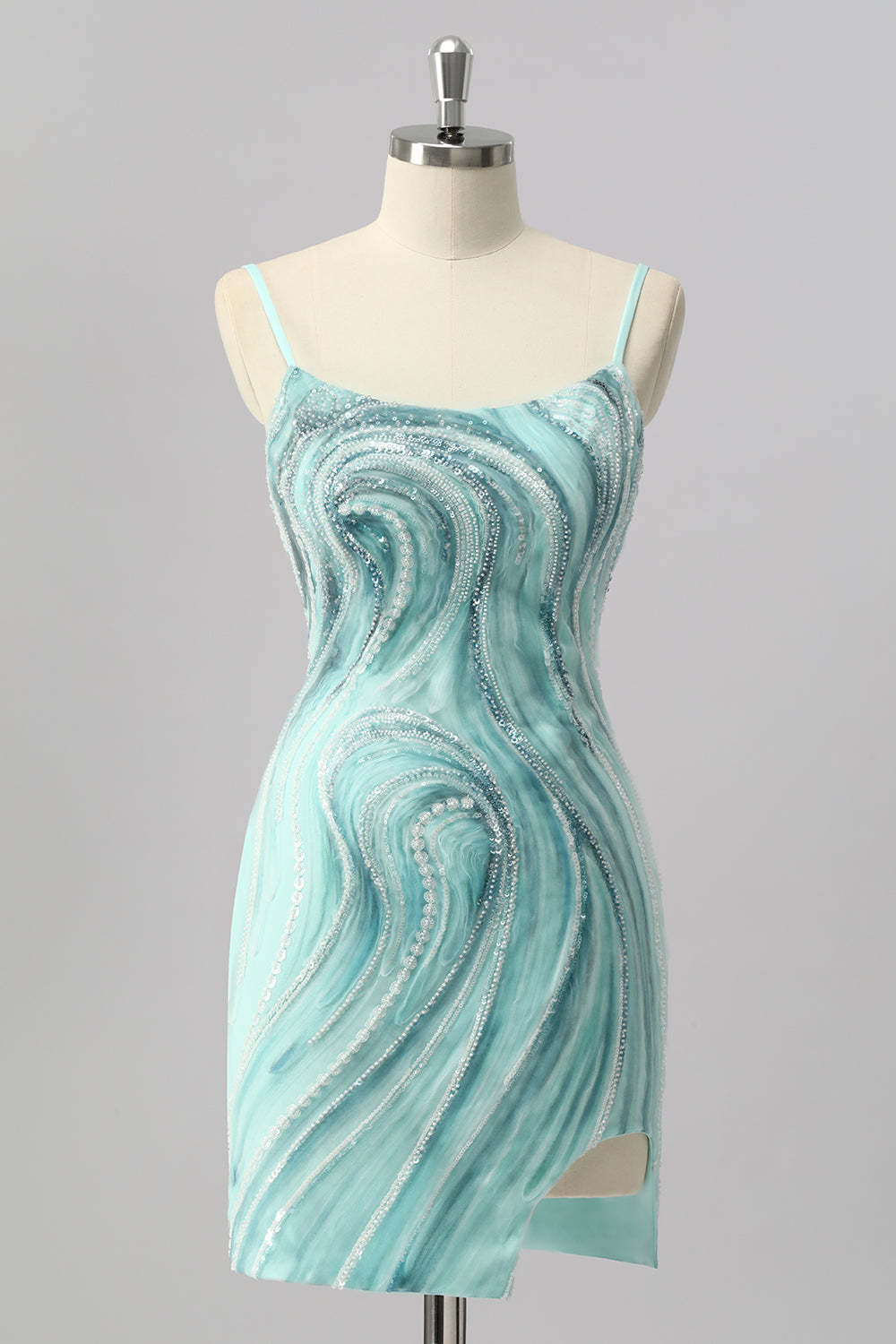 Leely Women Sparkly Green Tight Short Homecoming Dress with Slit Spaghetti Straps Lace Up Back Beaded Cut Out Cocktail Dress with Sequins