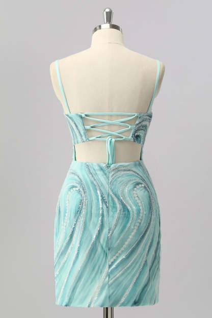 Green Sparkly Beaded Tight Short Homecoming Dress with Slit