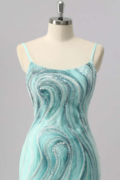 Green Sparkly Beaded Tight Short Homecoming Dress with Slit