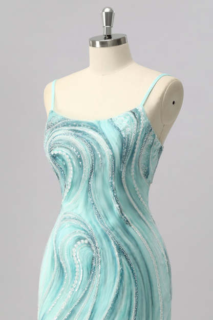 Green Sparkly Beaded Tight Short Homecoming Dress with Slit