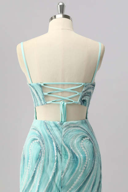 Green Sparkly Beaded Tight Short Homecoming Dress with Slit