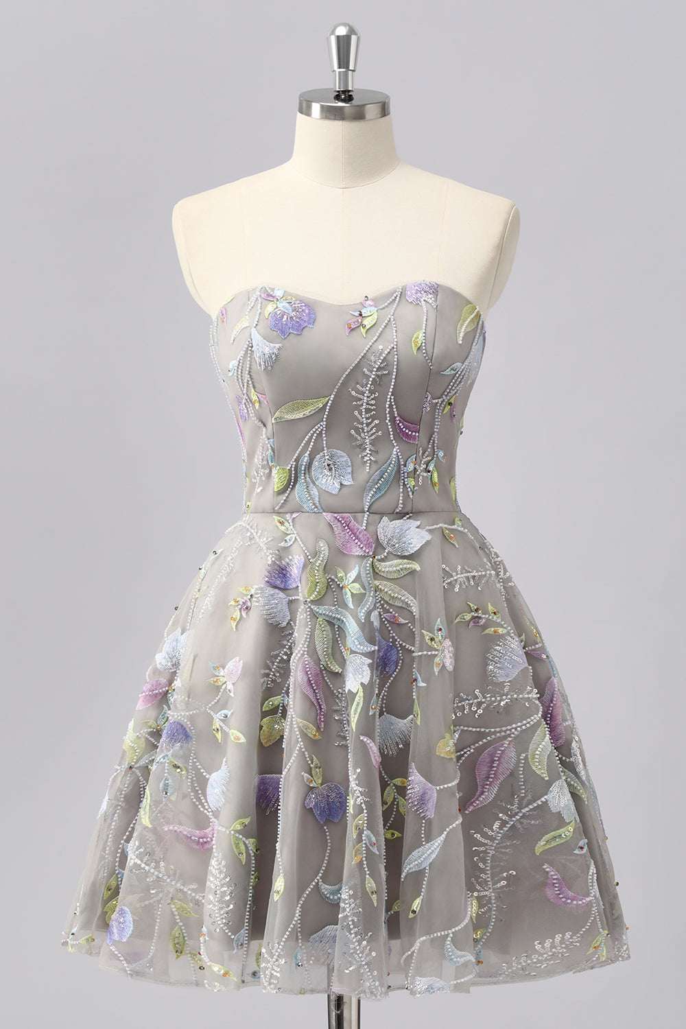 Grey Sweetheart Floral A Line Short Homecoming Dress with Beading