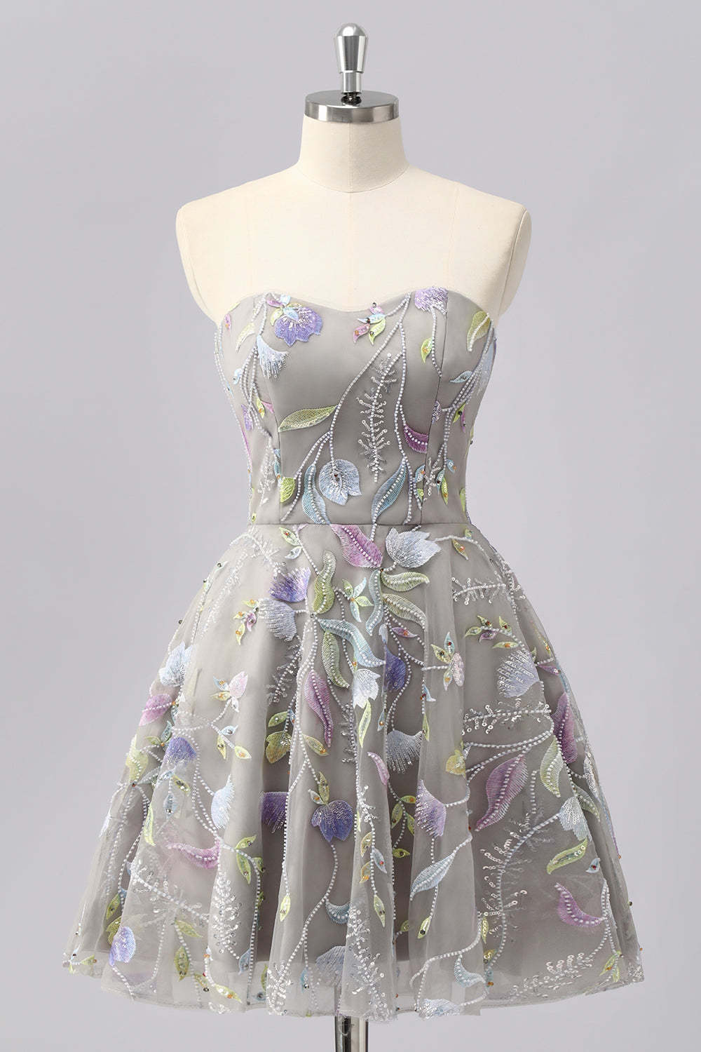 Leely Women Grey Floral Sweetheart Short Homecoming Dress with Beading A Line Lace Up Back Cocktail Dress with Embroidery