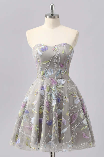Leely Women Grey Floral Sweetheart Short Homecoming Dress with Beading A Line Lace Up Back Cocktail Dress with Embroidery