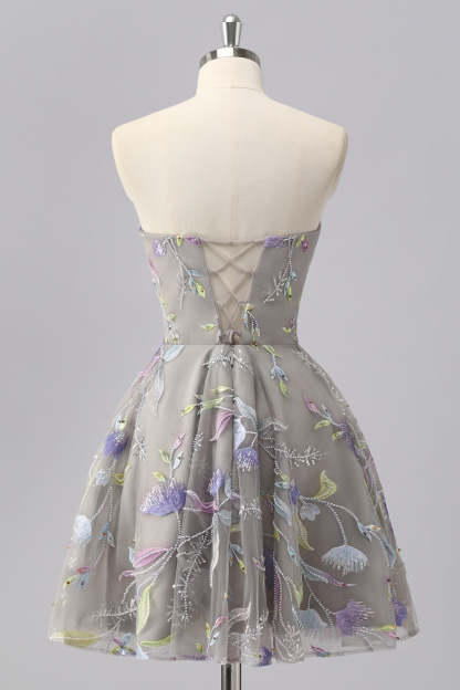 Grey Sweetheart Floral A Line Short Homecoming Dress with Beading