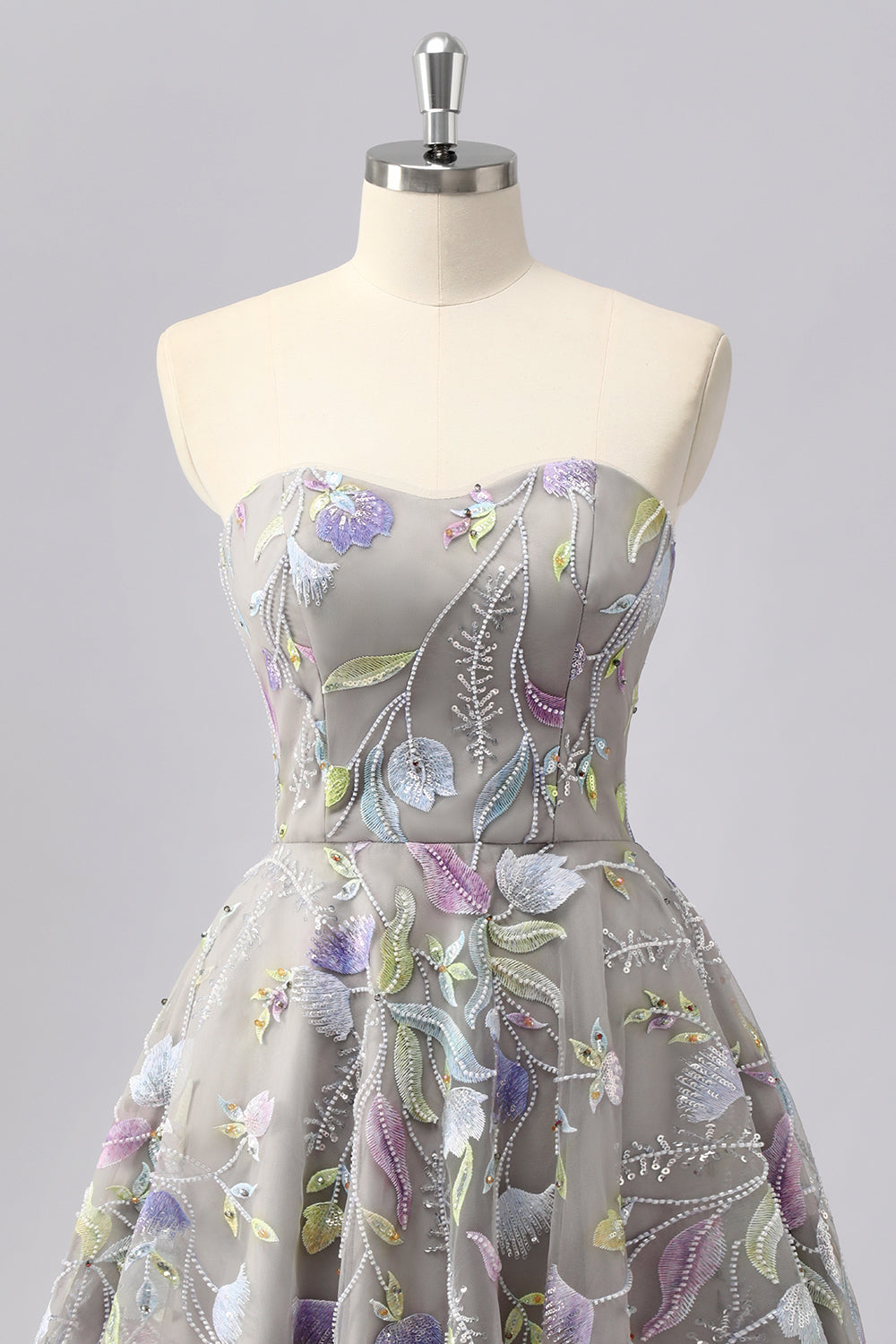 Grey Sweetheart Floral A Line Short Homecoming Dress with Beading