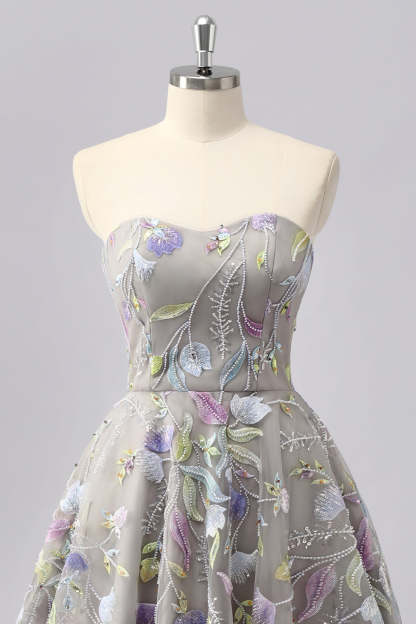 Grey Sweetheart Floral A Line Short Homecoming Dress with Beading