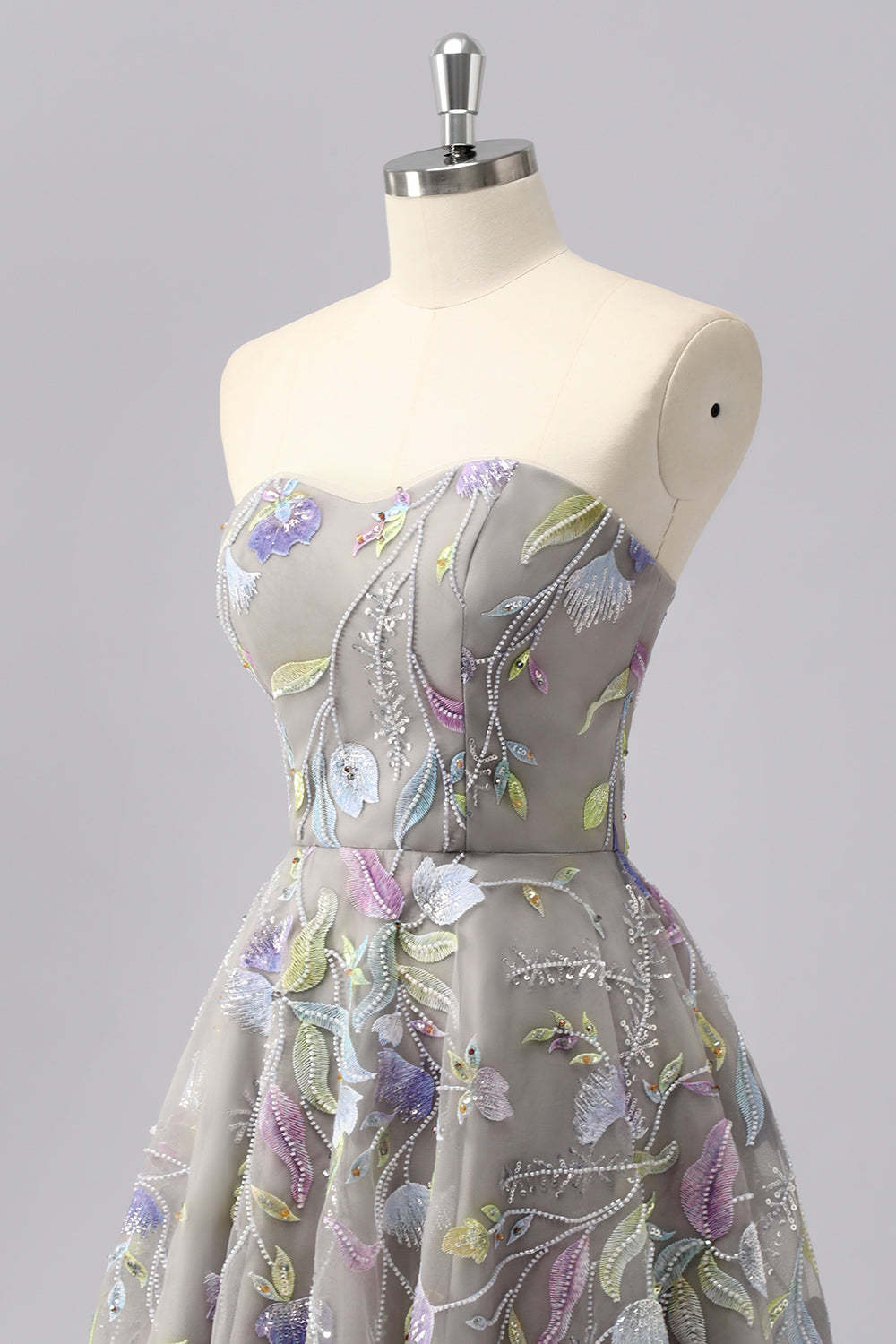 Grey Sweetheart Floral A Line Short Homecoming Dress with Beading