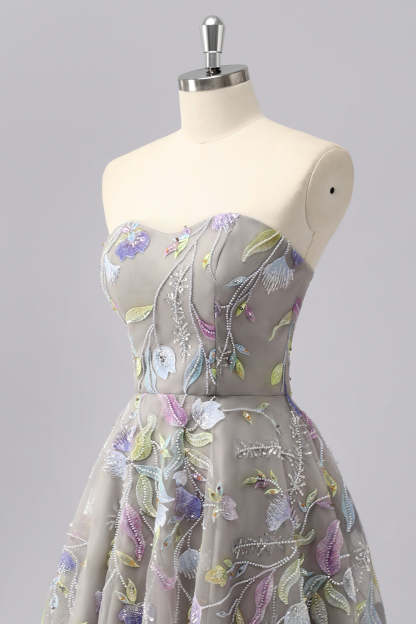 Grey Sweetheart Floral A Line Short Homecoming Dress with Beading