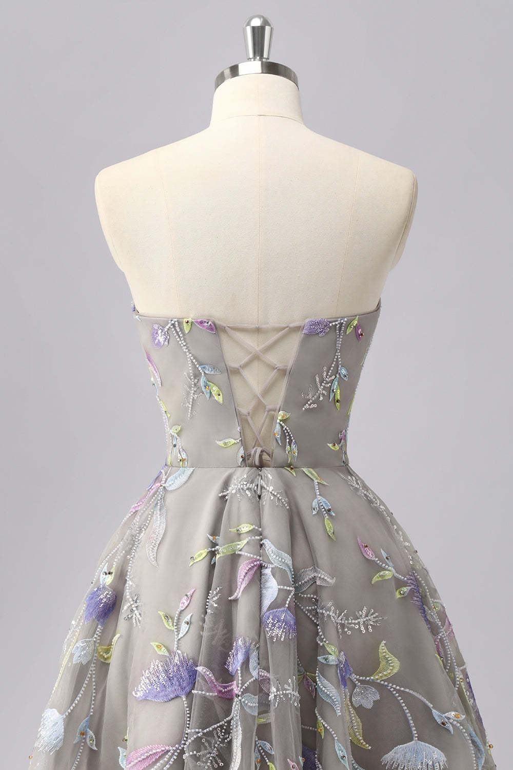 Grey Sweetheart Floral A Line Short Homecoming Dress with Beading