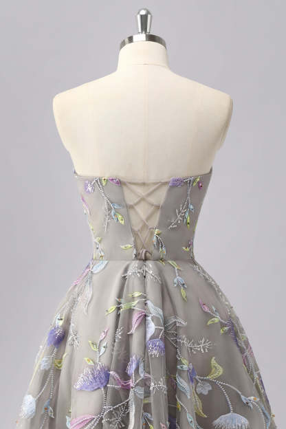 Grey Sweetheart Floral A Line Short Homecoming Dress with Beading