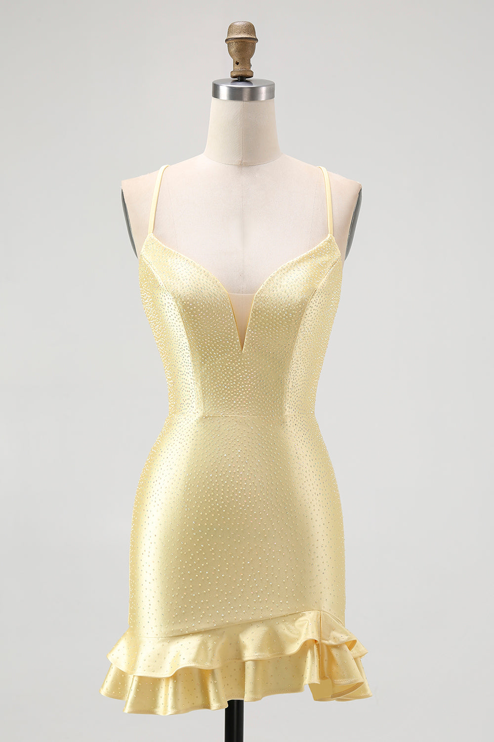 Dresstells Women Sparkly Yellow Ruffled Short Homecoming Dress with Beading Tight Satin Spaghetti Straps Lace Up Back Cocktail Dress