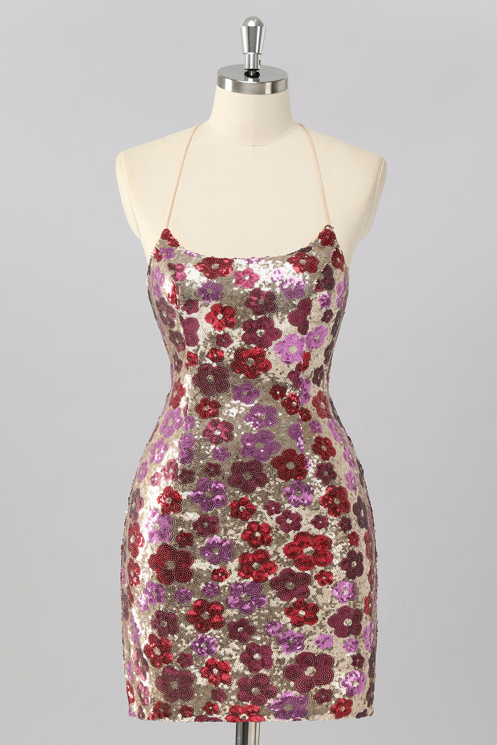 Sparkly Red Floral Sequin Tight Short Criss Cross Back Homecoming Dress