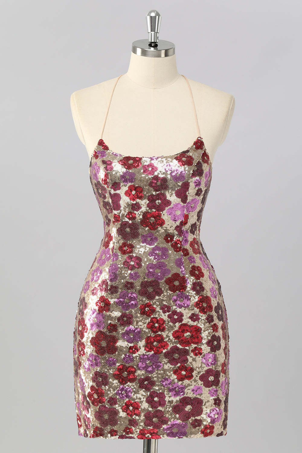 Leely Women Sparkly Red Sequins Floral Short Homecoming Dress Tight Lace Up Back Spaghetti Straps Cocktail Dress