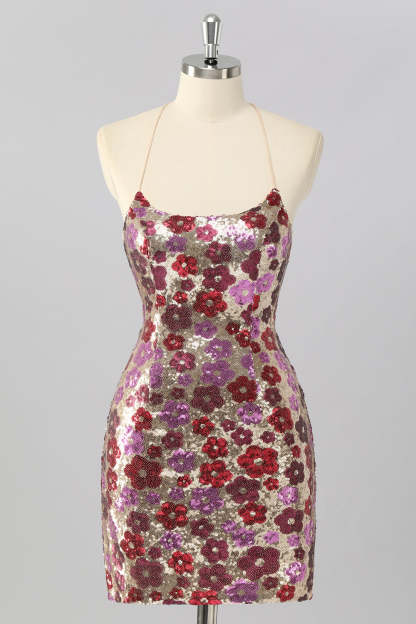 Leely Women Sparkly Red Sequins Floral Short Homecoming Dress Tight Lace Up Back Spaghetti Straps Cocktail Dress