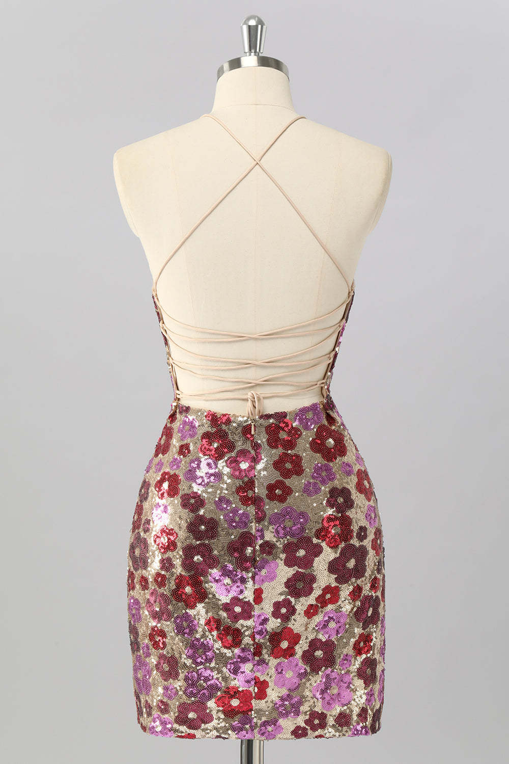 Sparkly Red Floral Sequin Tight Short Criss Cross Back Homecoming Dress