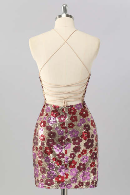 Sparkly Red Floral Sequin Tight Short Criss Cross Back Homecoming Dress