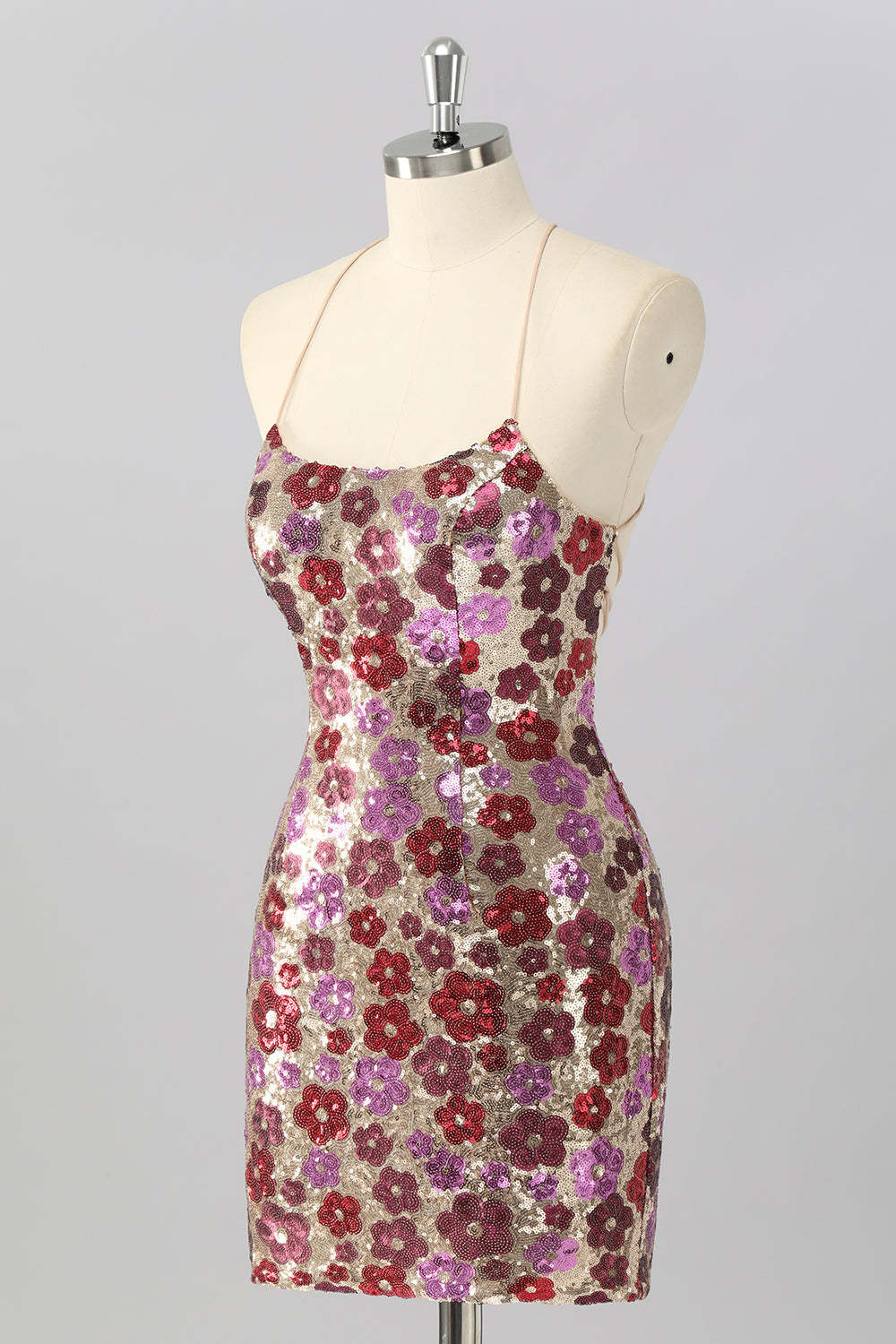 Sparkly Red Floral Sequin Tight Short Criss Cross Back Homecoming Dress