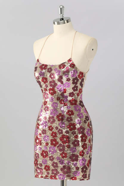Sparkly Red Floral Sequin Tight Short Criss Cross Back Homecoming Dress