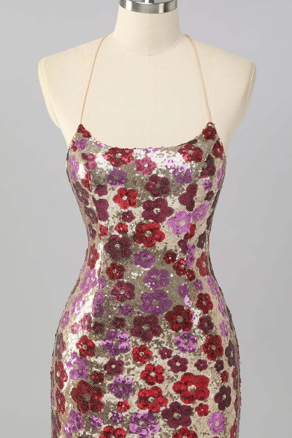 Sparkly Red Floral Sequin Tight Short Criss Cross Back Homecoming Dress