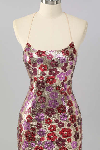 Sparkly Red Floral Sequin Tight Short Criss Cross Back Homecoming Dress