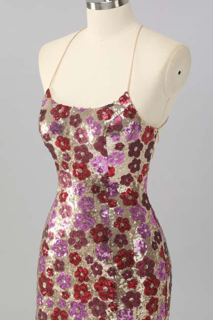 Sparkly Red Floral Sequin Tight Short Criss Cross Back Homecoming Dress