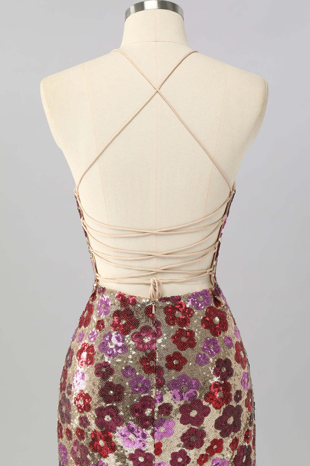 Sparkly Red Floral Sequin Tight Short Criss Cross Back Homecoming Dress