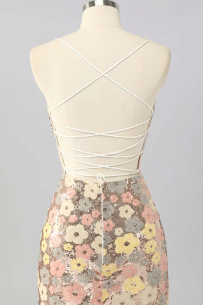 Sparkly Yellow Sequin Floral Lace up Back Tight Short Homecoming Dress