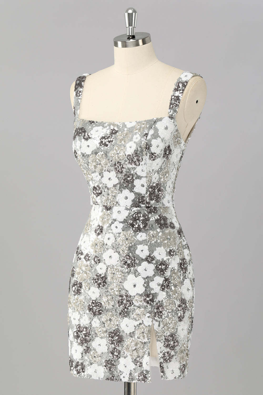Silver Sequins Tight Short Sparkly Homecoming Dress with Slit