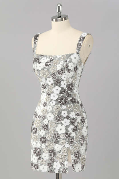 Silver Sequins Tight Short Sparkly Homecoming Dress with Slit