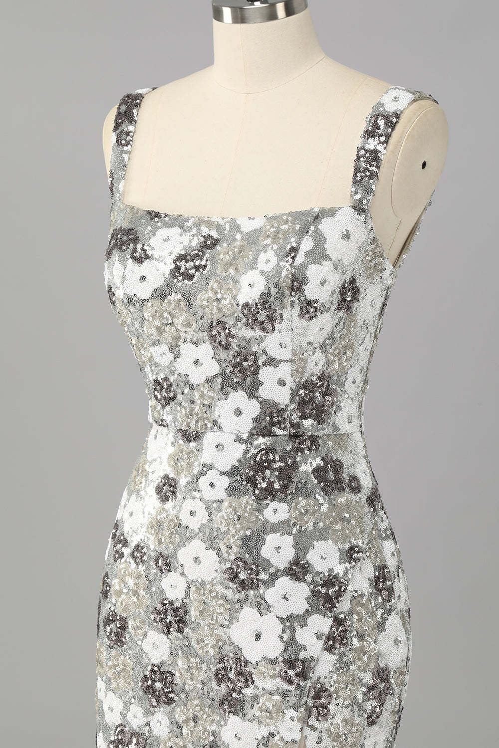 Silver Sequins Tight Short Sparkly Homecoming Dress with Slit