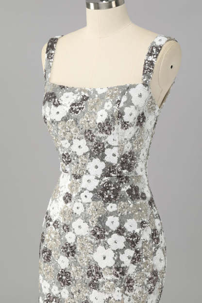 Silver Sequins Tight Short Sparkly Homecoming Dress with Slit