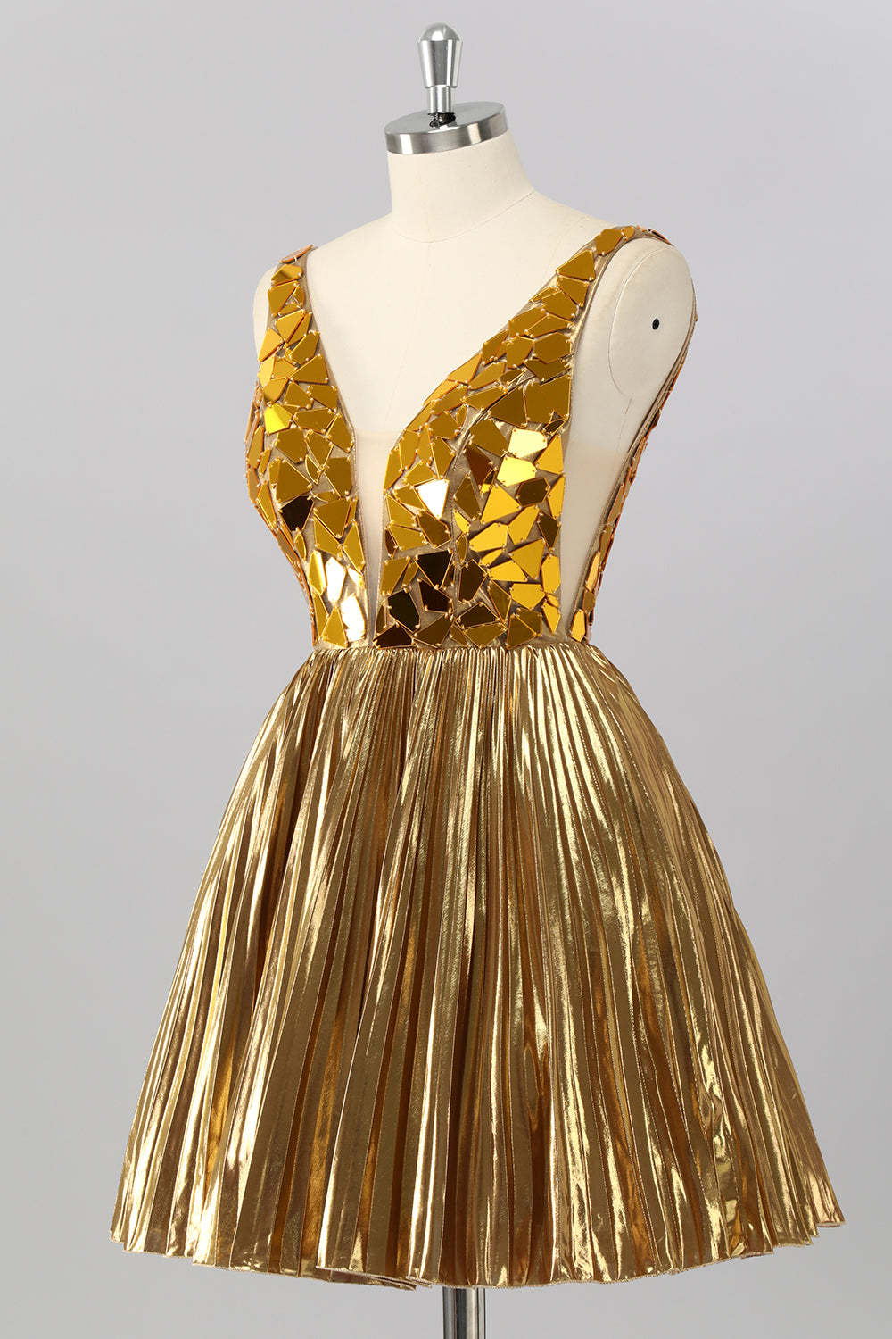 Golden A Line Mirror Short Metallic Homecoming Dress