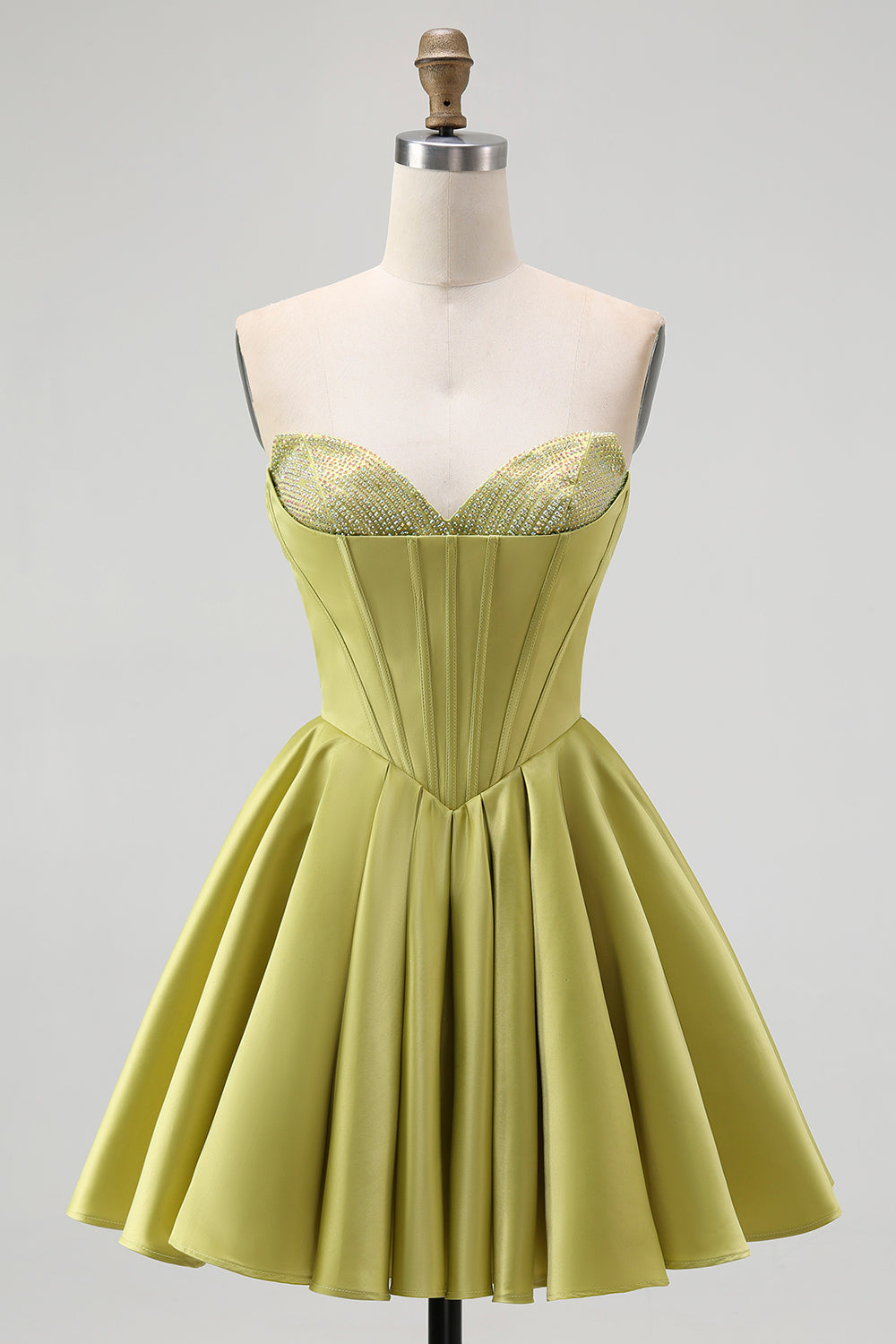 Leely Women Green Corset Satin Short Cocktail Dress with Beading Sweetheart A-Line Party Dress with Bow