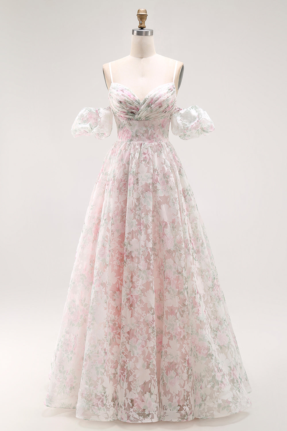 Leely Women Blush Floral Long Prom Dress Ball Gown Spaghetti Straps A Line Detachable Sleeves Pageant Dress