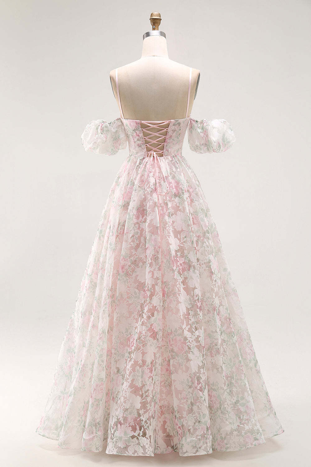 Blush Floral A Line Long Prom Dress with Detachable Sleeves