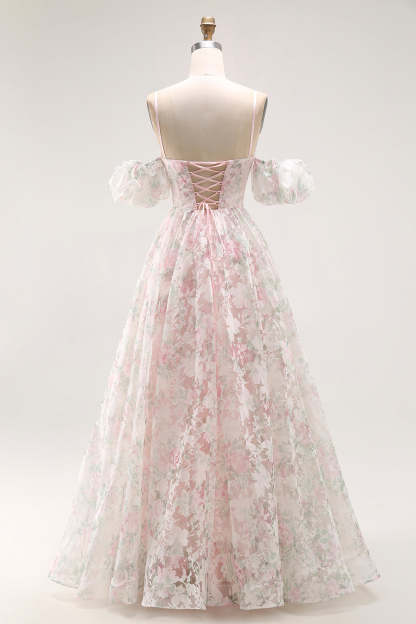 Blush Floral A Line Long Prom Dress with Detachable Sleeves