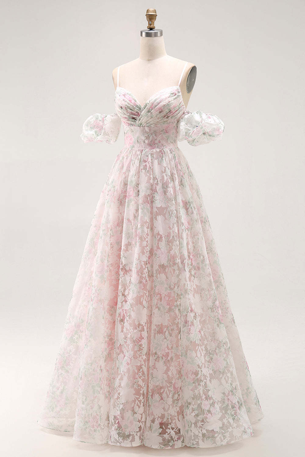 Blush Floral A Line Long Prom Dress with Detachable Sleeves