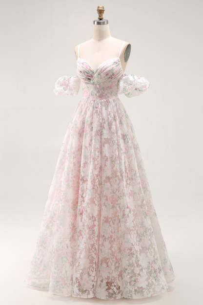 Blush Floral A Line Long Prom Dress with Detachable Sleeves