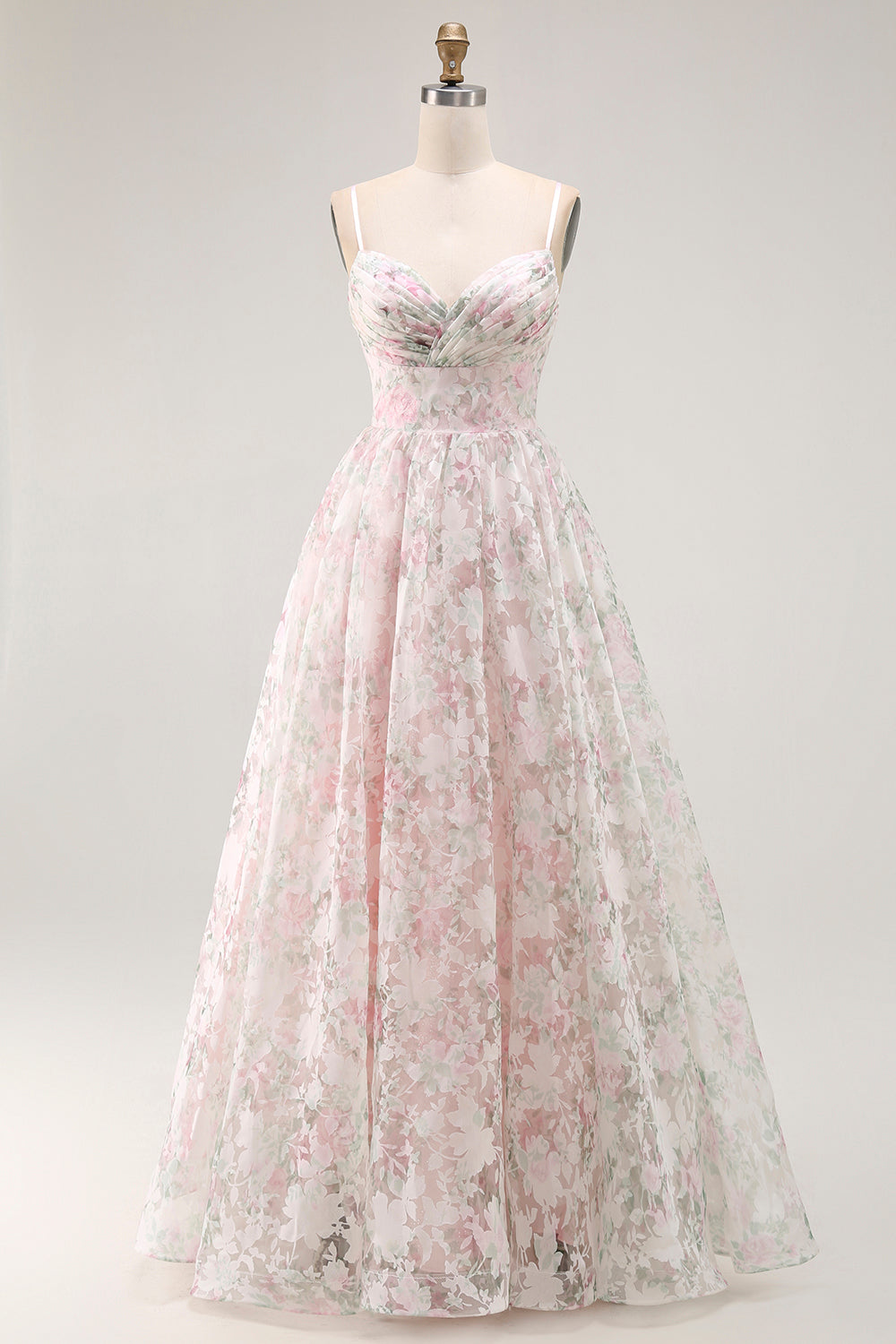 Blush Floral A Line Long Prom Dress with Detachable Sleeves