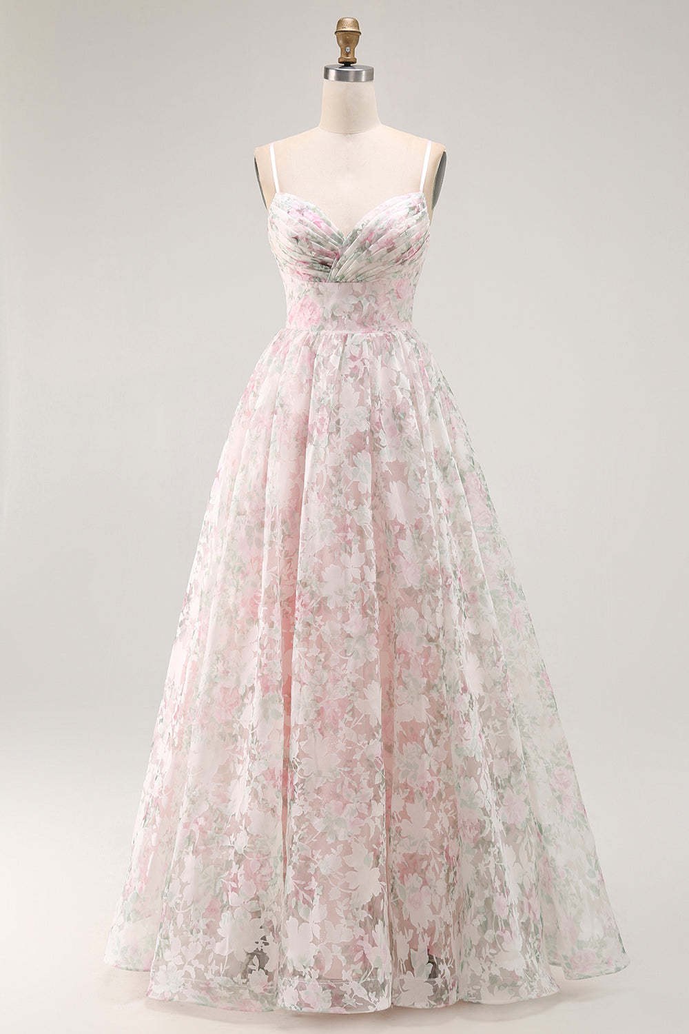 Blush Floral A Line Long Prom Dress with Detachable Sleeves