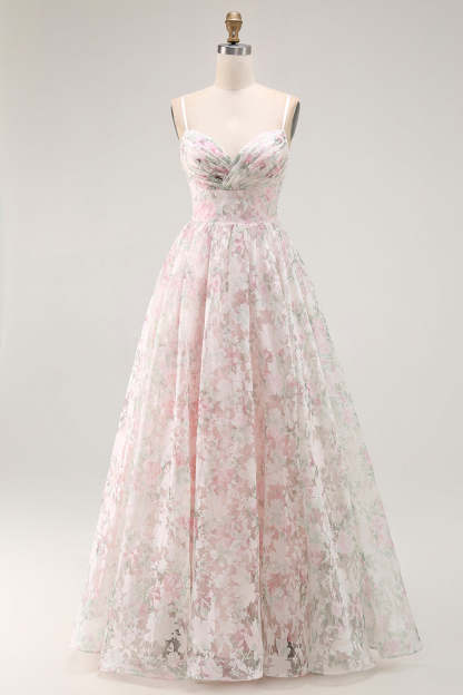 Blush Floral A Line Long Prom Dress with Detachable Sleeves