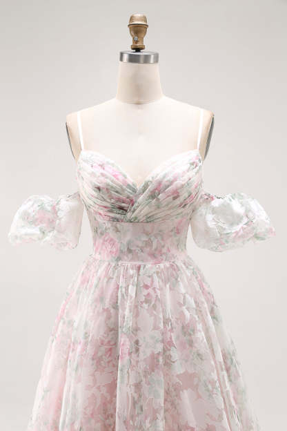 Blush Floral A Line Long Prom Dress with Detachable Sleeves