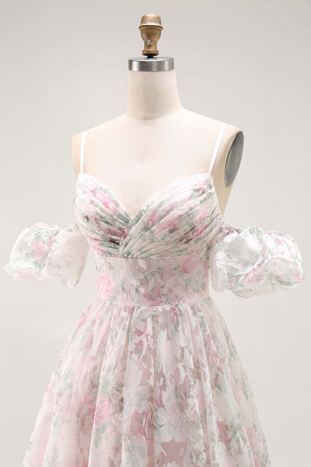 Blush Floral A Line Long Prom Dress with Detachable Sleeves