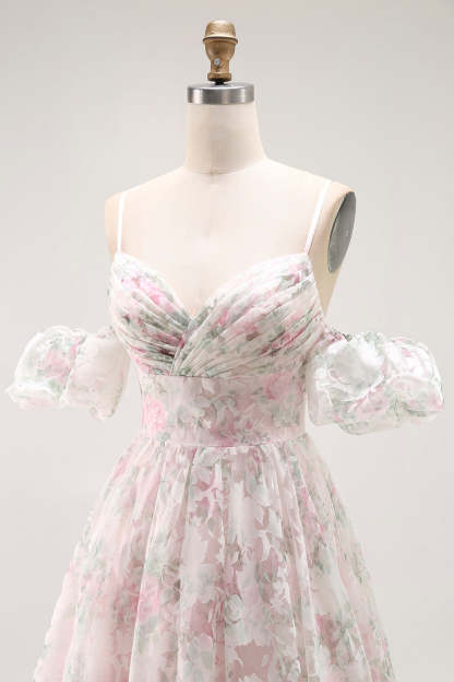 Blush Floral A Line Long Prom Dress with Detachable Sleeves