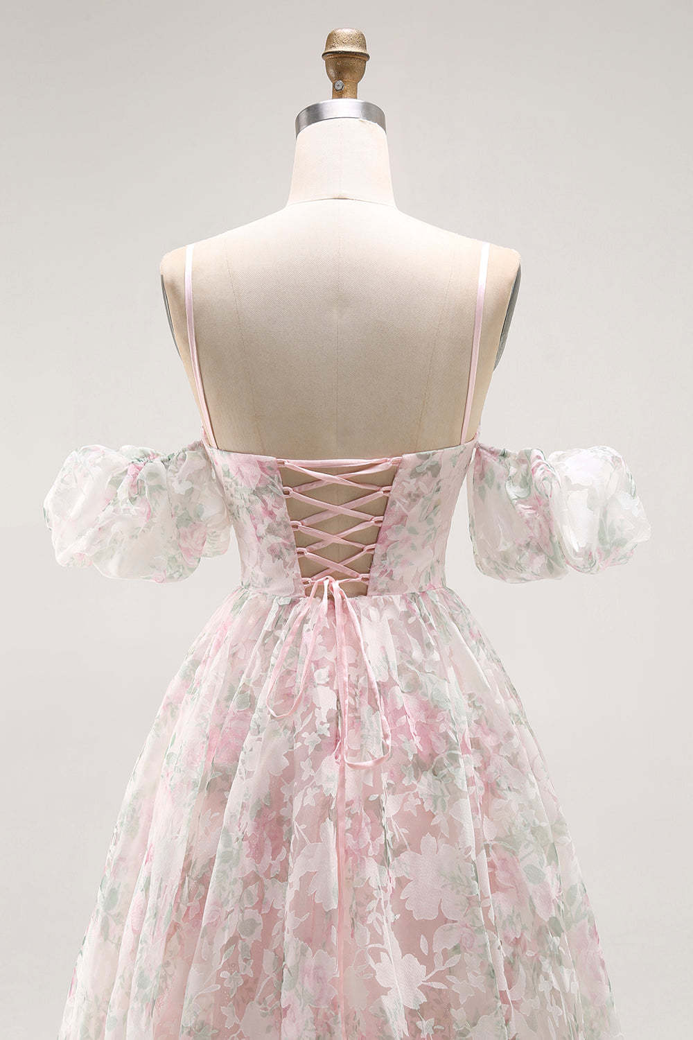 Blush Floral A Line Long Prom Dress with Detachable Sleeves